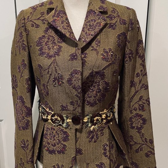 Etro Green Blazer with Floral Brocade and Notched Lapels